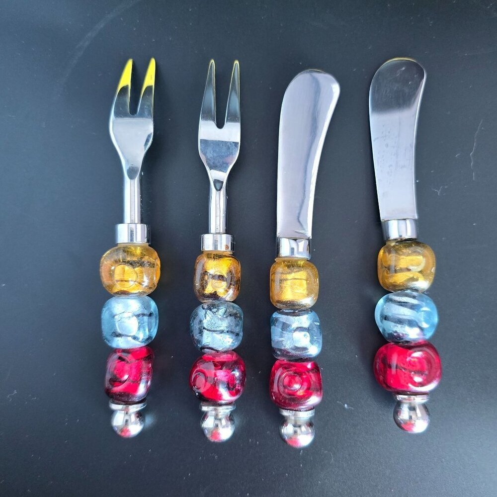 Vintage Pier 1 Cheese & Appetizer Utensils Set/4 Glass Beads & Stainless Steel - Picture 3 of 9